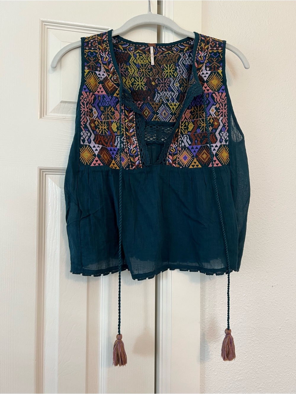 Free People Teal Embroidered Tassel Camisole